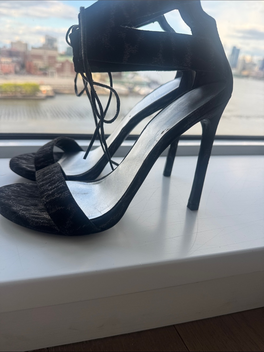 Stuart Weitzman Black Lace-Up Stiletto Sandals